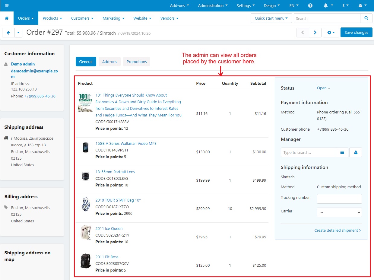 Order details in admin panel