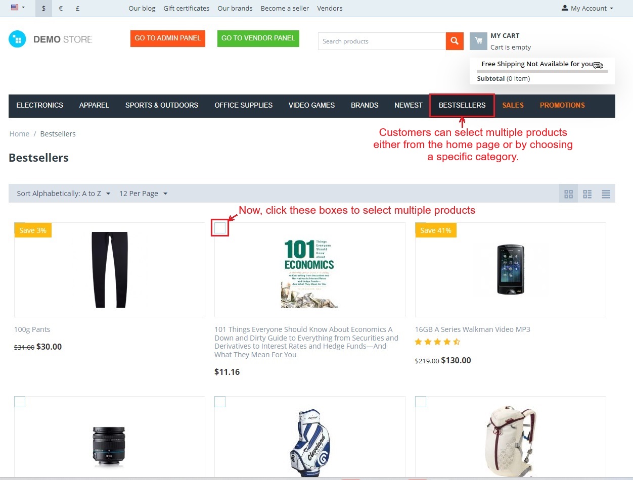 Category and Product selection page
