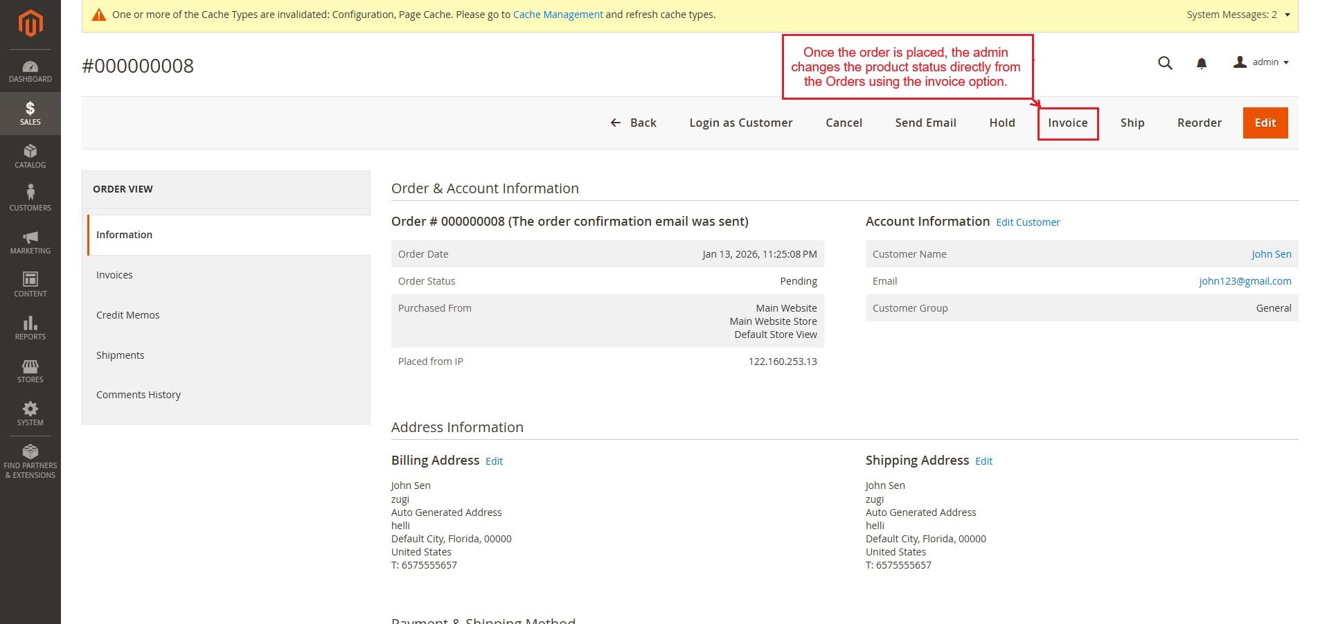 order using the invoice