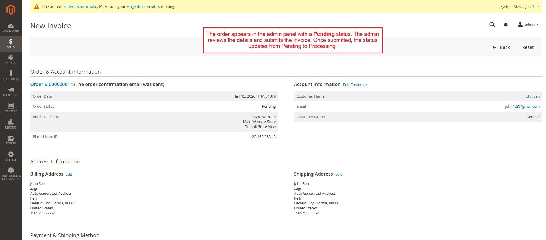 New invoice page with status