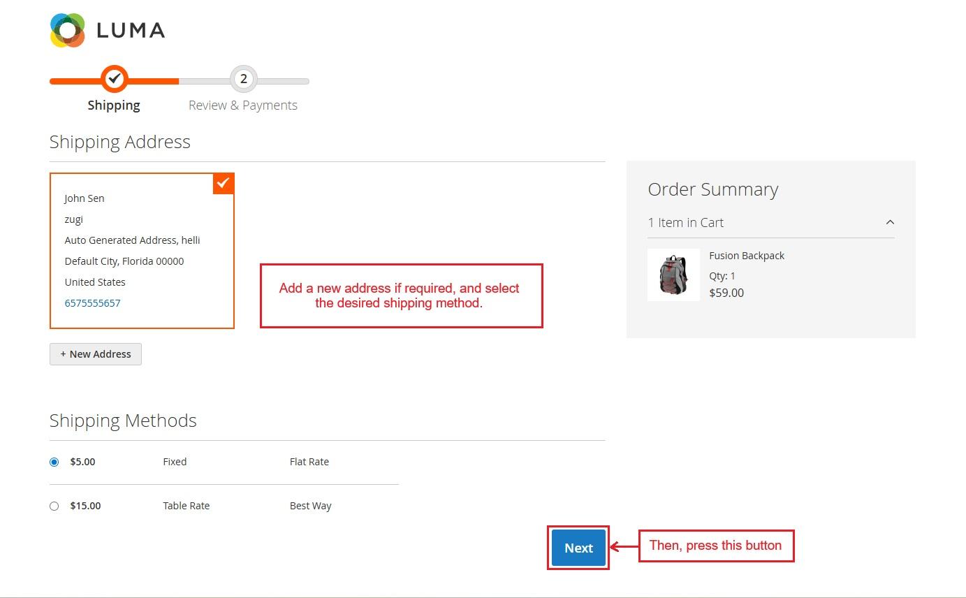 shipping address page